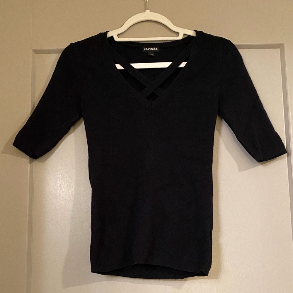 Express Black Cross-Front Fitted Sweater, Size Medium